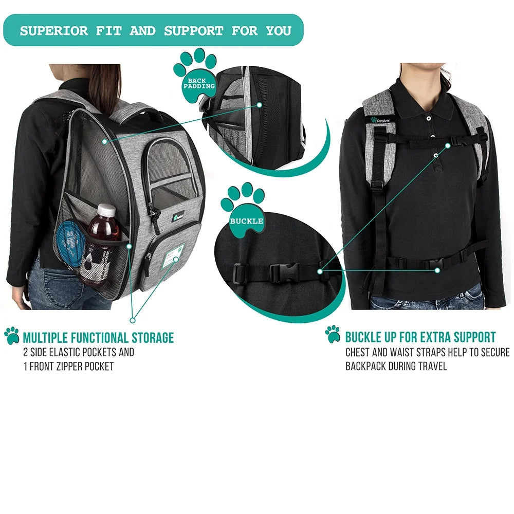 Ventilated Pet Backpack Carrier – Airline Approved Dog & Cat Travel Backpack, Grey