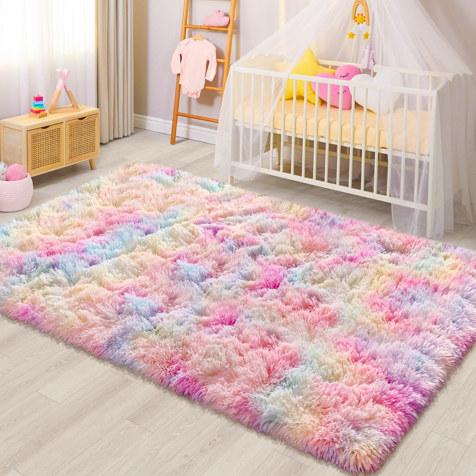 Rainbow Fluffy Plush Area Rug – 5' x 8' Shaggy Rug for Girls’ Bedroom