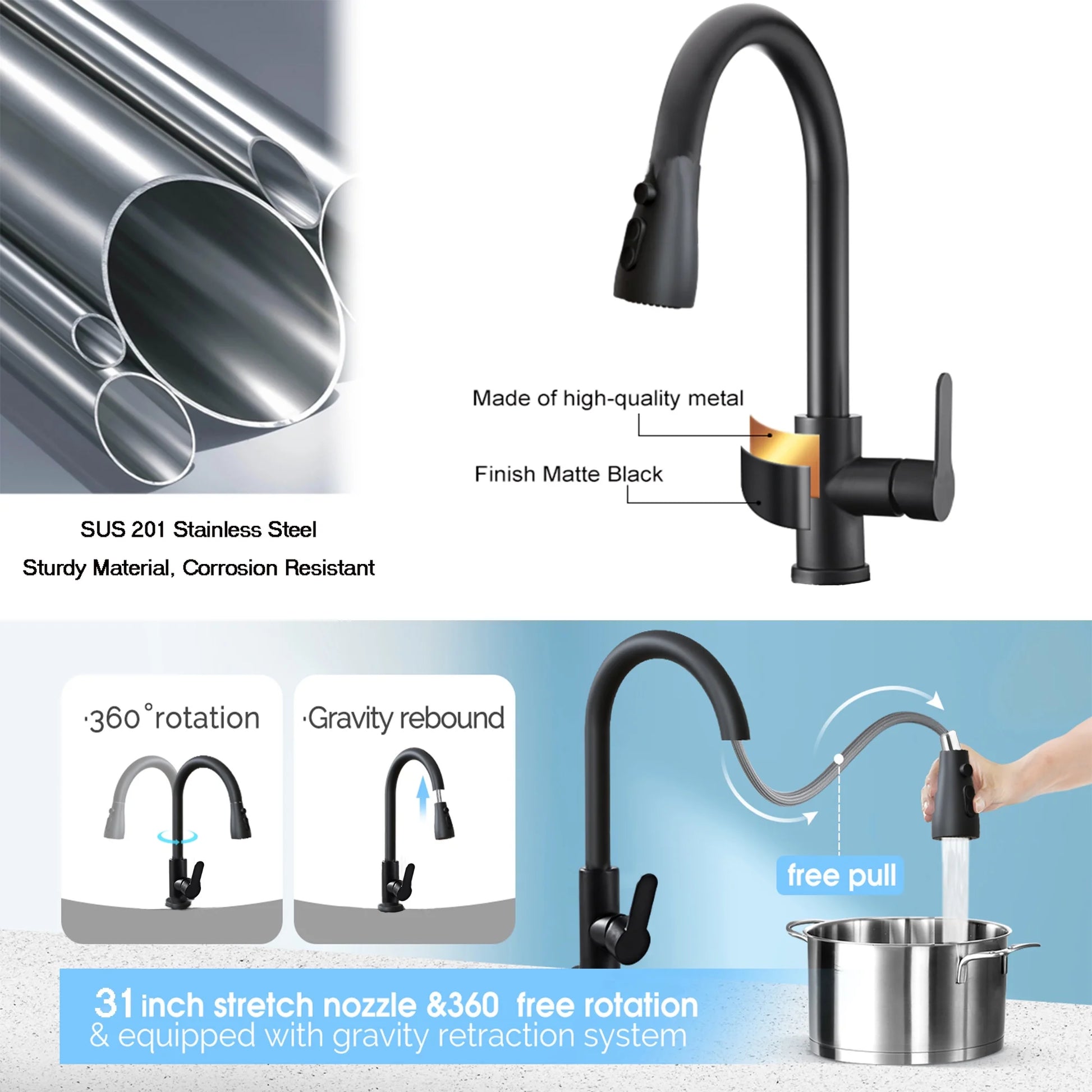 Stainless Steel Kitchen Faucet – Pull-Down Sprayer Sink Faucet
