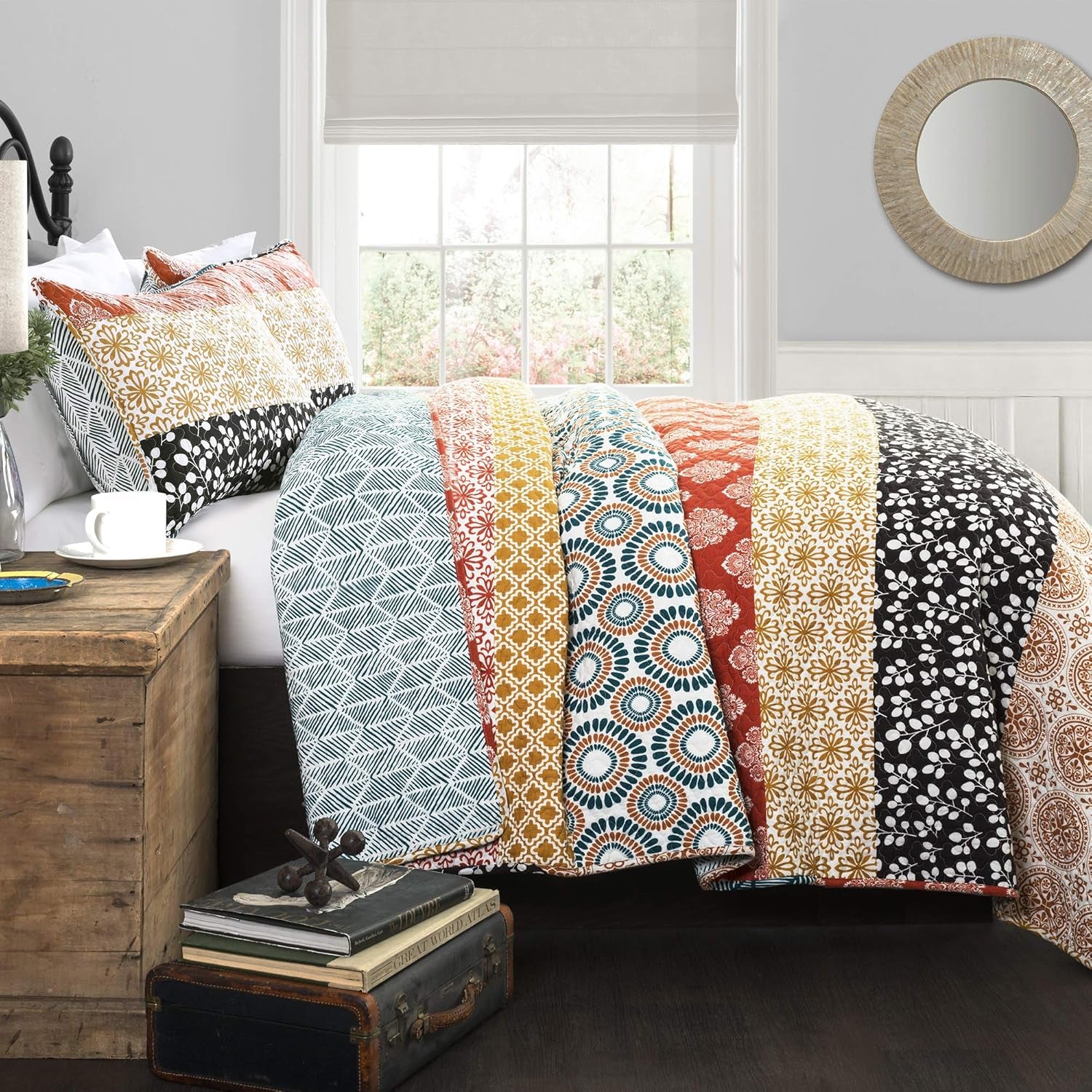 Bohemian Stripe Reversible Cotton Quilt Set – 3 Piece Full/Queen, Turquoise & Orange