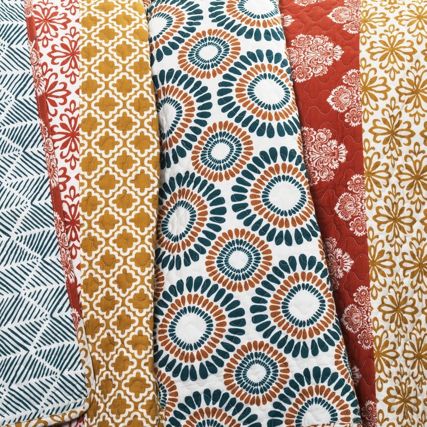Bohemian Stripe Reversible Cotton Quilt Set – 3 Piece Full/Queen, Turquoise & Orange