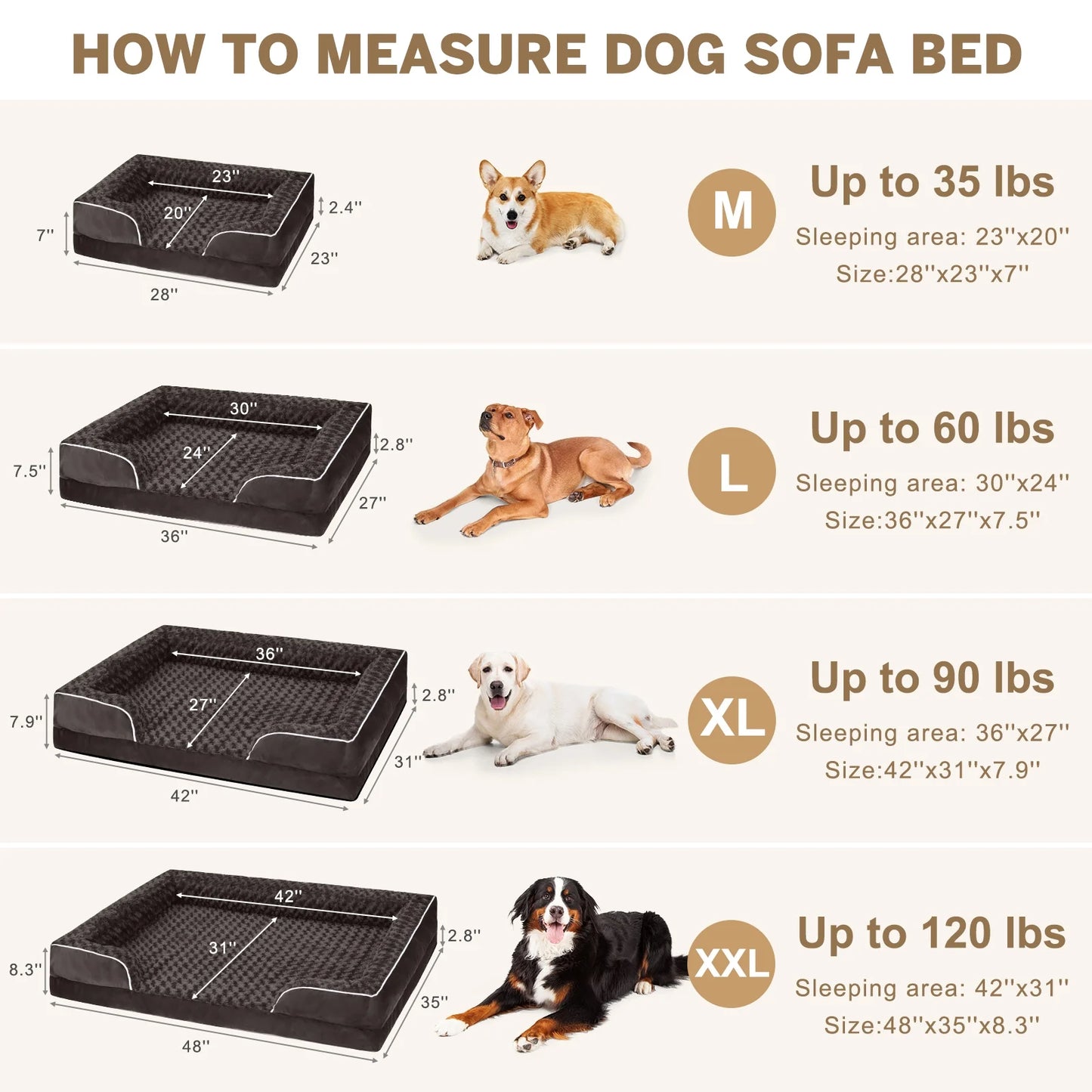 Large Orthopedic Dog Bed – Waterproof Sofa Bed with Non-Slip Base and Removable Washable Cover, Brown (M–XXL)