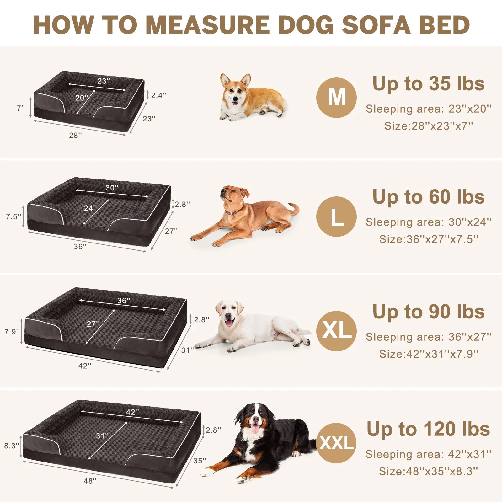 Large Orthopedic Dog Bed – Waterproof Sofa Bed with Non-Slip Base and Removable Washable Cover, Brown (M–XXL)