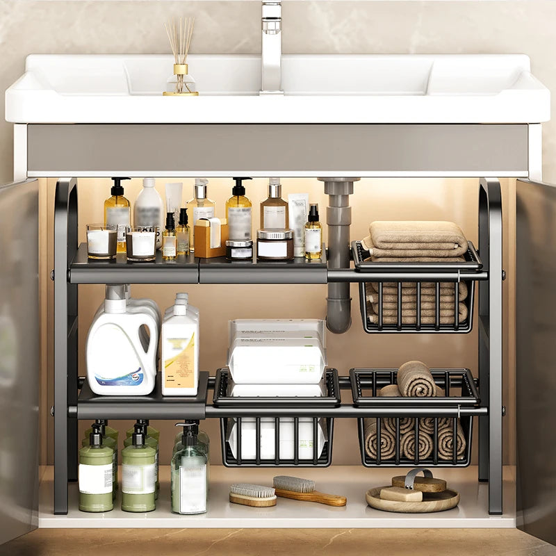 Glow Market Home under sink storage solution for home with multi-tier shelves organizing toiletries and cleaning supplies
