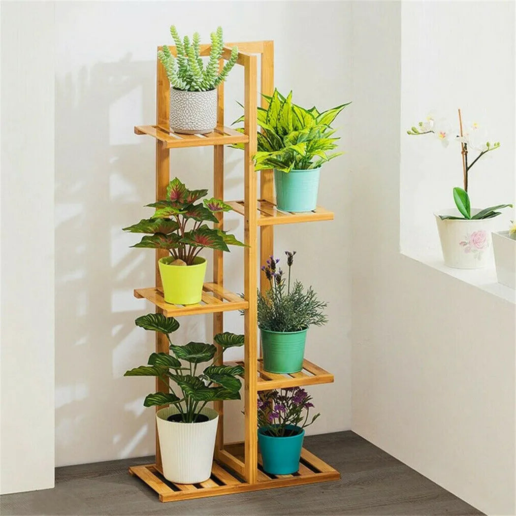 Glow Market Home modern bamboo plant shelf for home holding six colorful potted plants in a bright room