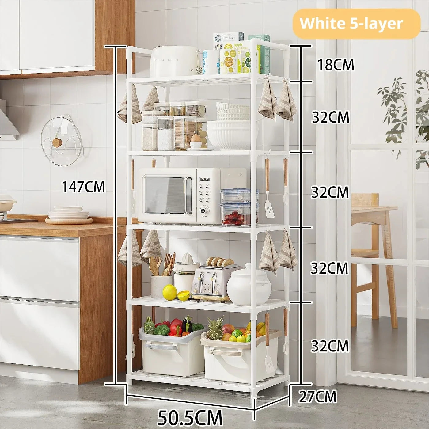 White 5-layer multi functional metal storage shelves holding kitchen items in modern kitchen