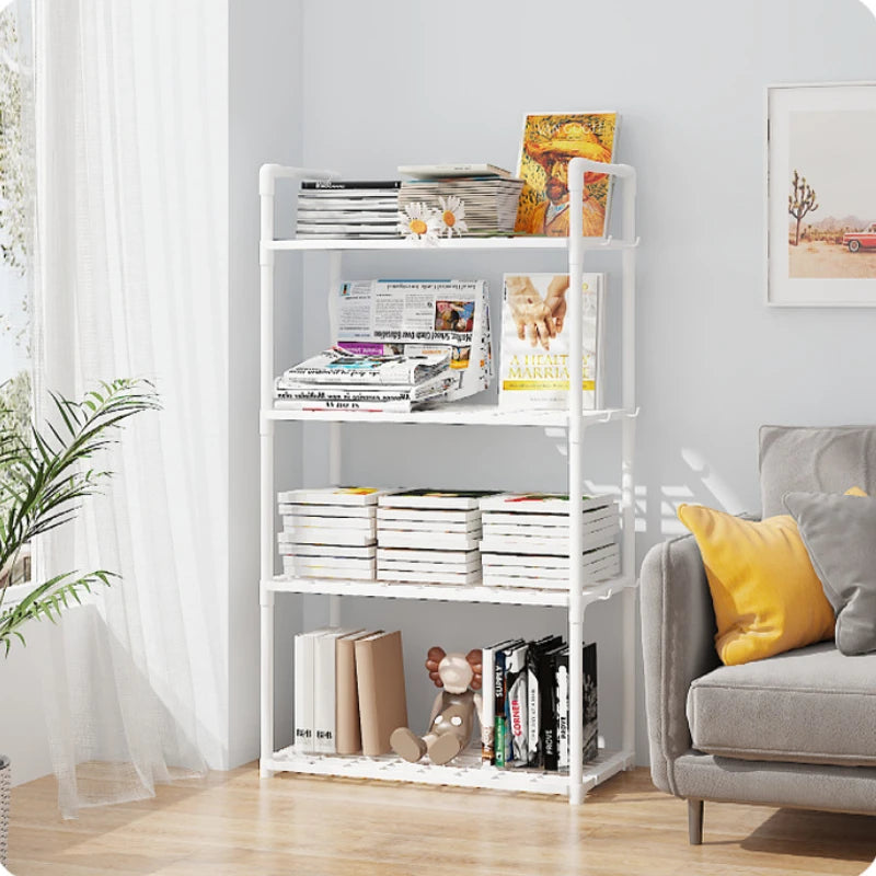 White multi functional metal storage shelves filled with books and decor in a bright living room