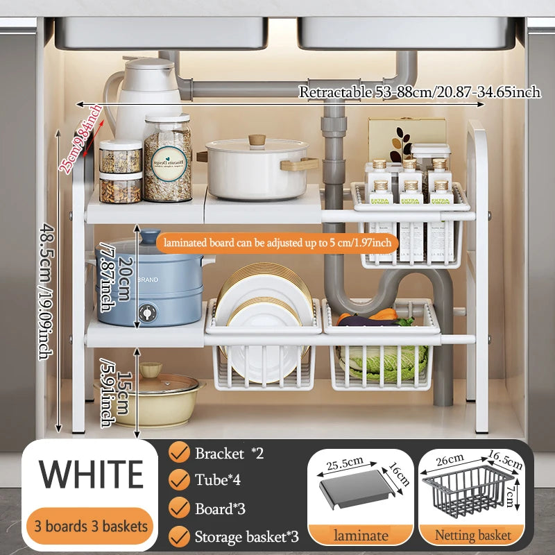 White under sink storage solution for home with adjustable boards and baskets organizing kitchen items